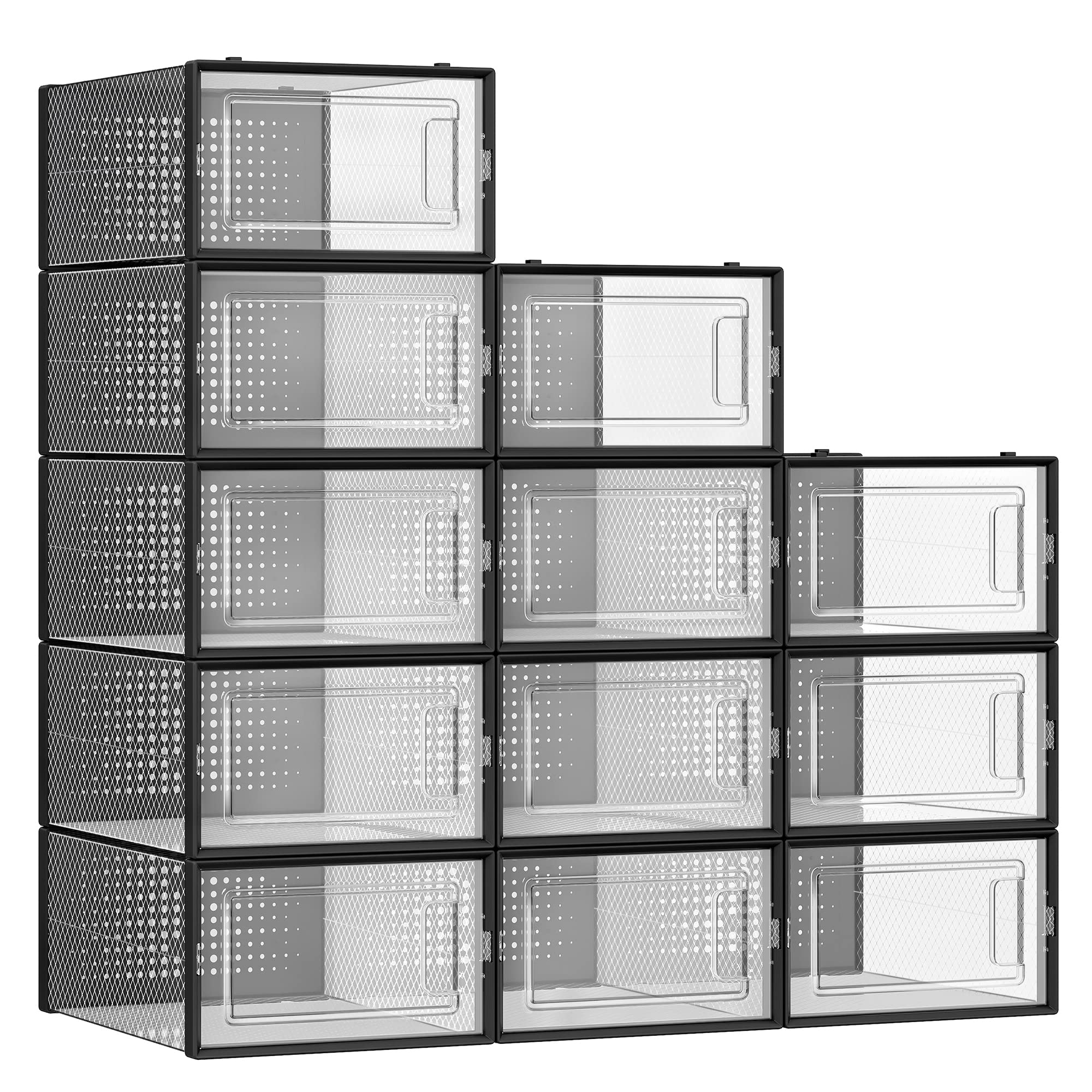 Songmics Shoe Boxes, Pack Of 12 Shoe Storage Organizers, Stackable Clear Plastic Boxes For Closet, Sneakers, 9.1 X 13.1 X 5.6 Inches, Fit Up To Us Size 11, Transparent And Black Ulsp006B12